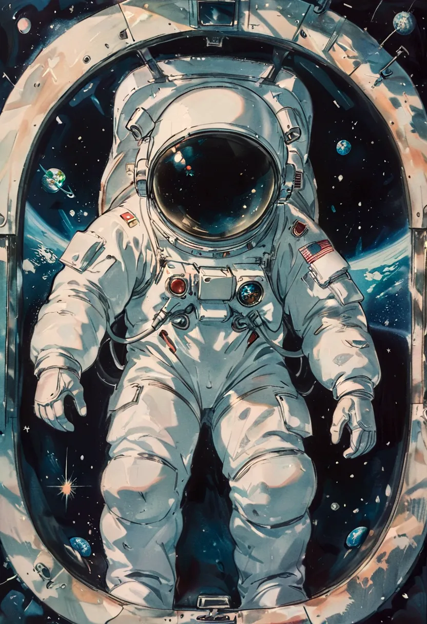 Un astronauta flotando en el espacio abierto. El astronauta no puede ocupar demasiado espacio en el encuadre,
Un planeta genial ...