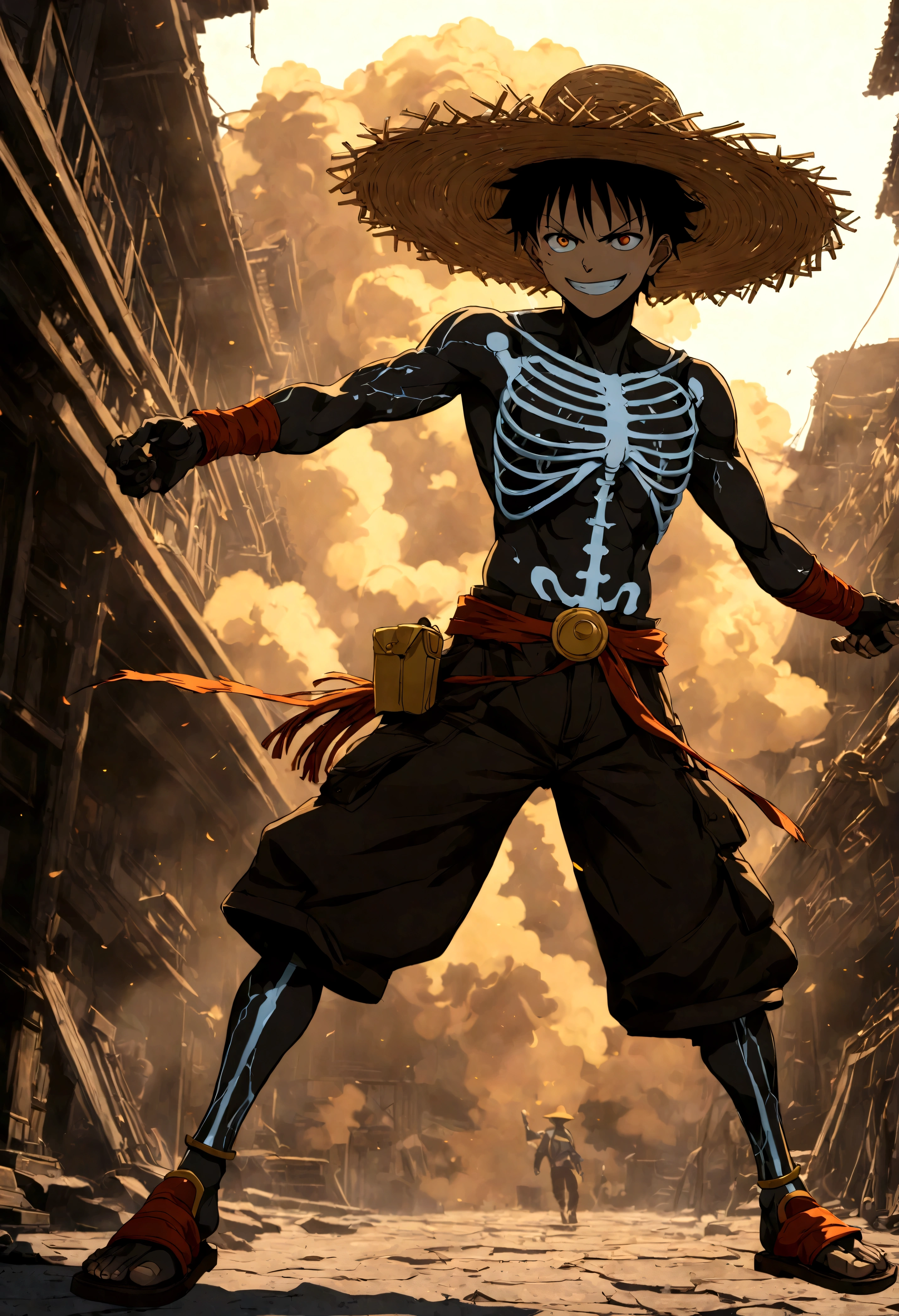 Full body shot,Monkey D. Luffy,Gear fourth,black hair,armor,dark skin,an evil grin on his face,eyes glow blue, holding a sword in both hands,grey mist swirling around him,high resolution with high contrast, cinematic lighting, vibrant colors, sharp focus and high detail.