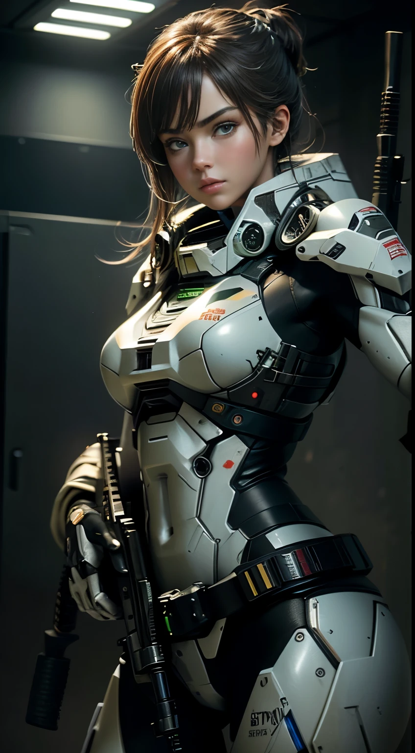 (8K,fotorealistisch　RAW-Fotografie　Top Qualität;1.4) Soldatin mit großen Brüsten im Hintergrund, Mädchen im weißen Mech, Cyberpunk anime mecha girl, Das Tragen einer militärischen Rüstung ((mit einem Gewehr auf etwas zielen:1.4)) Science-Fiction , Schönes weißes Cyborg-Mädchen, Cyborg - Silver girl, Fira's white mech, Echo der Overwatch, perfekte Anime-Cyborg-Frau, blaue Pupillen, fünf Finger, CGhSociety NVIDIA RTX, Superauflösung,