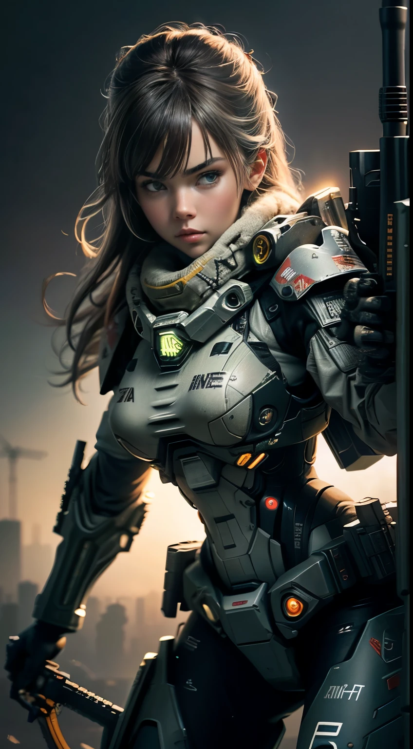 (8K,photorealistic　Raw photography　top quality;1.4) Female soldier big breasts in background, Girl in White Mech, Cyberpunk anime mecha girl, Wearing military armor ((aiming at something with a rifle:1.4)) sci-fi , Beautiful white girl cyborg, Cyborg - Silver girl, Fira's white mech, Echo the Overwatch, Perfect anime cyborg woman, Blue pupils, five fingers, CGhSociety NVIDIA RTX, super resolution,