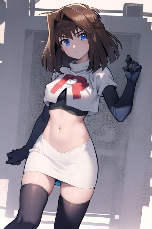 aamazaki, (antenna hair:1.2), blue eyes,medium breasts, team rocket,team rocket uniform,white skirt,red letter R,crop top,black thigh-highs,black elbow gloves,
beautiful, masterpiece, best quality, looking at viewer,