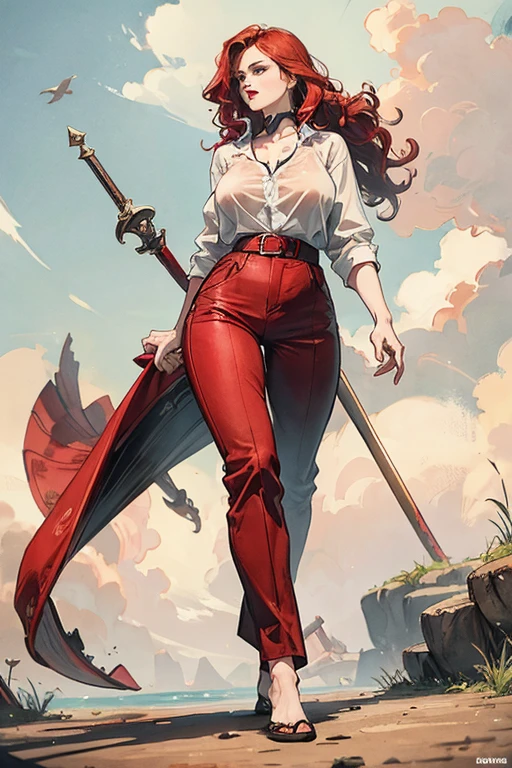 A medium breasted redhead standing on the ground, wide hips, thin waist, beautiful full red lips, lush wavy hair, long torpedo shaped tits, brown pants, loose white renaissance shirt