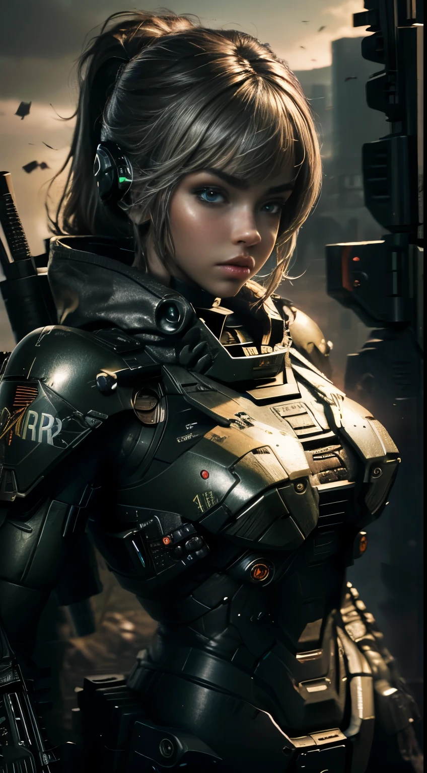 (8K,photorealistic　Raw photography　top quality;1.4) Female soldier big breasts in background, Girl in White Mech, Cyberpunk anime mecha girl, Wearing military armor ((aiming at something with a rifle:1.4)) sci-fi , Beautiful white girl cyborg, Cyborg - Silver girl, Fira's white mech, Echo the Overwatch, Perfect anime cyborg woman, Blue pupils, five fingers, CGhSociety NVIDIA RTX, super resolution,
