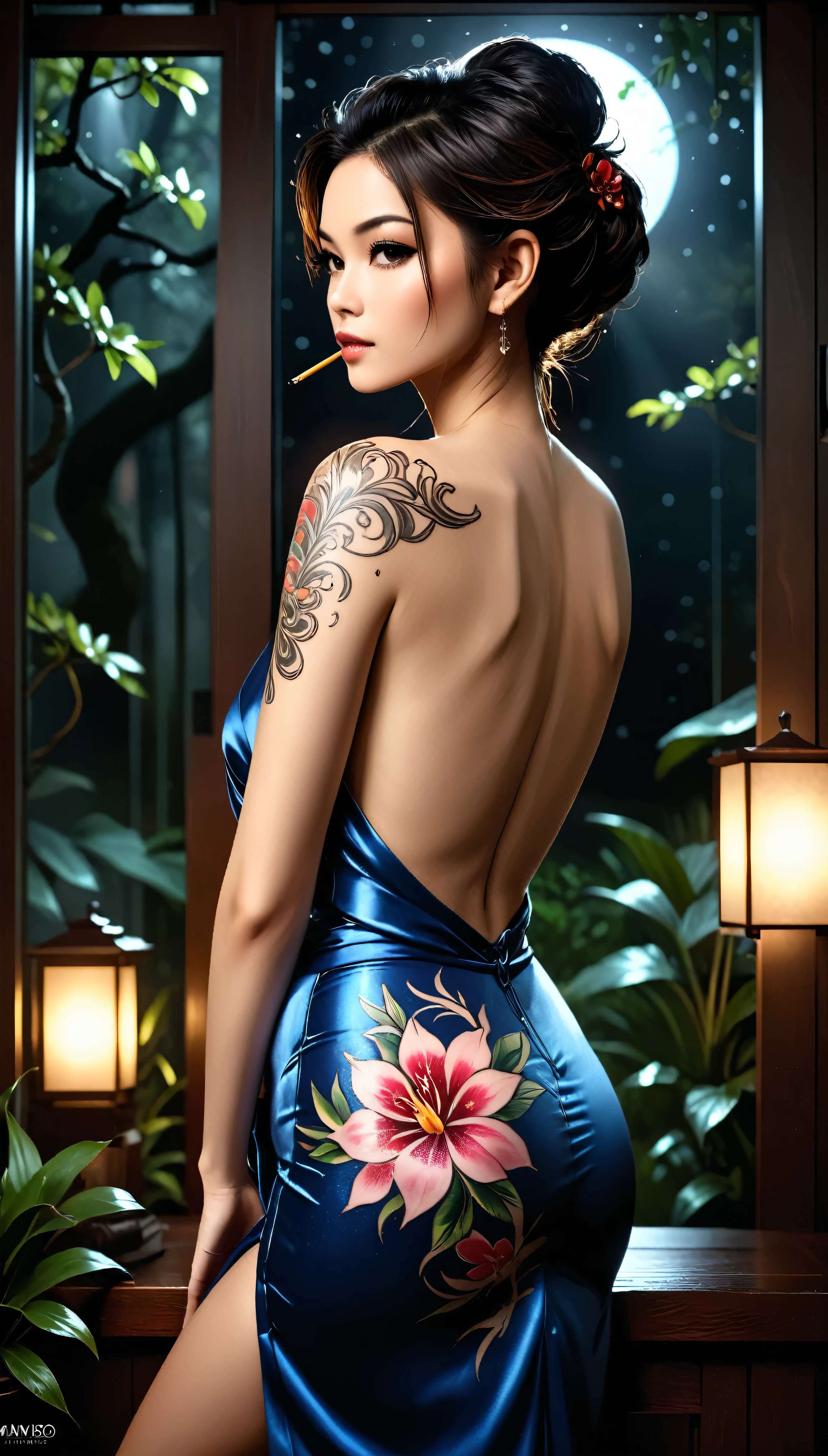 ((Meisterwerk in maximaler 16K-Auflösung):1.6),((soft_Farbe_Foto):1.5), ((ultra-detailliert):1.4),((Filmähnliche Standbilder und dynamische Winkel):1.3),((Blick von ihrem Rücken):1.3) | (macro Foto of stunning yakuza style tattoo in a very pretty Yakuza female back), (Sehr hübsche Yakuza-Frau), (Kimono mit offenem Rücken), ((ein atemberaubendes Tattoo im Yakuza-Stil auf ihrem Rücken):1.3), (Konzentriere dich auf das Tattoo), (Makro-Objektiv), (japanischer Garten), (schwaches Nachtlicht), (tyndalle effect), (Dark Beauty-Atmosphäre), (shimmer), (geheimnisvolles Ambiente), (visuelles Erlebnis),(Realismus), (Realistisch),preisgekrönte Grafiken, dunkler Schuss, Filmkorn, extremely Detailed, Digital Art, RTX, unwirkliche Engine, Szenenkonzept Anti-Blend-Effekt, Alles mit scharfem Fokus aufgenommen. | Rendered in Ultra-high definition with UHD and retina quality, this masterpiece ensures anatomical correctness and textured skin with super Detail. Mit Fokus auf hohe Qualität und Genauigkeit, Diese preisgekrönte Darstellung fängt jede Nuance in atemberaubender 16k-Auflösung ein, lässt den Betrachter in die lebensechte Darstellung eintauchen. | ((perfekt_Komposition, perfekt_Design, perfekt_Layout, perfekt_Detail, Ultra_Detailed)), ((erweitern_alle, Fix_alles)), Mehr Details, erweitern.