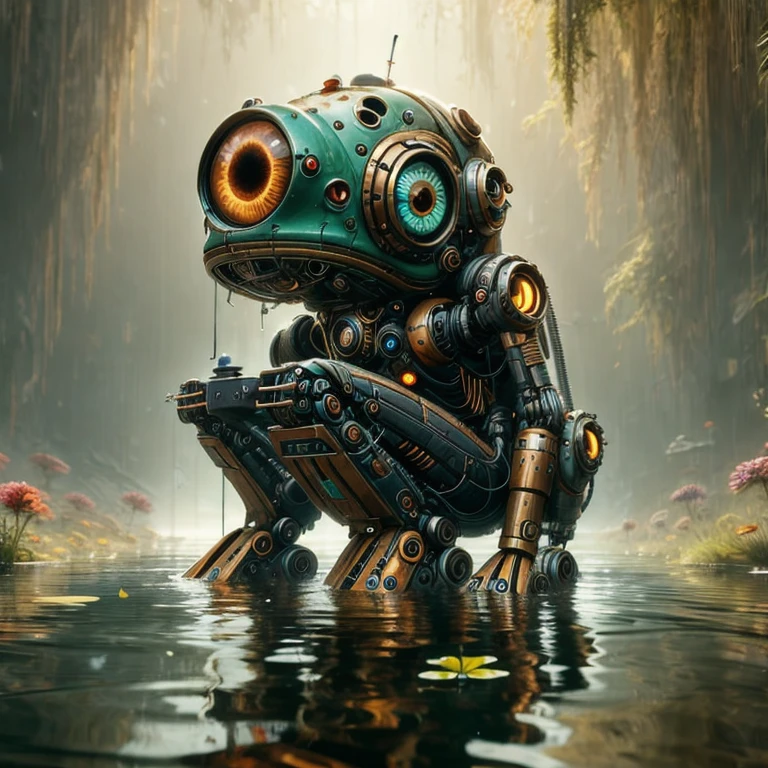 (obra maestra, mejor calidad:1.2), una rana que está sentada en el agua, arte ciberpunk, por Beeple, arte digital, aetherpunk airbrush arte digital, Robot Zen muy lindo, solo arte para la música dark metal, estilo de jeff soto, mundo steampunk, Jardín Cyberpunk, hormiga robot steampunk, alejandro burdisio art, sensación arenosa, 3er ojo, carátula del álbum de música, Perfectamente detallado