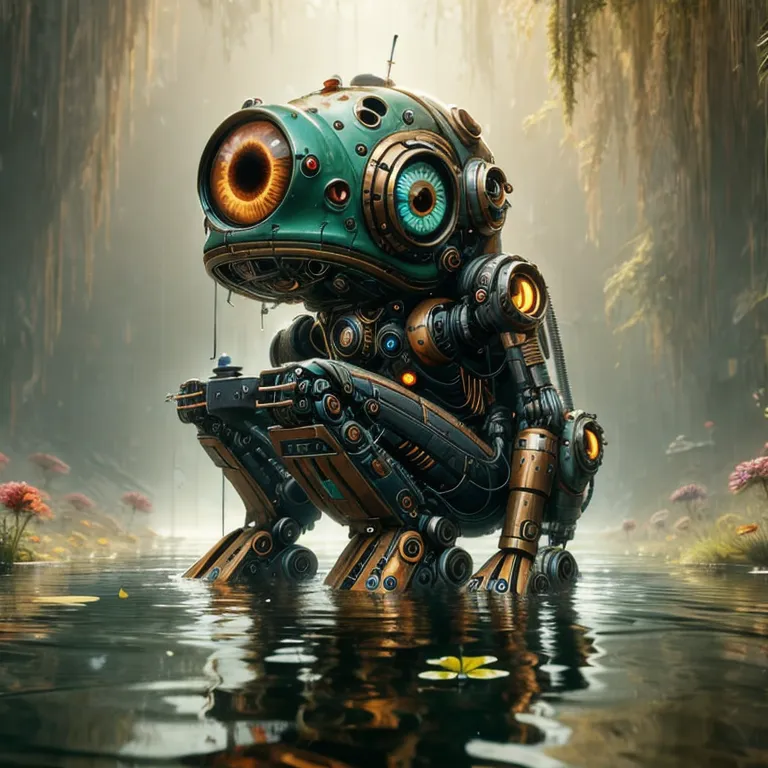 (masterpiece, best quality:1.2), a frog that is sitting in the water, cyberpunk art, by Beeple, digital art, aetherpunk airbrush...