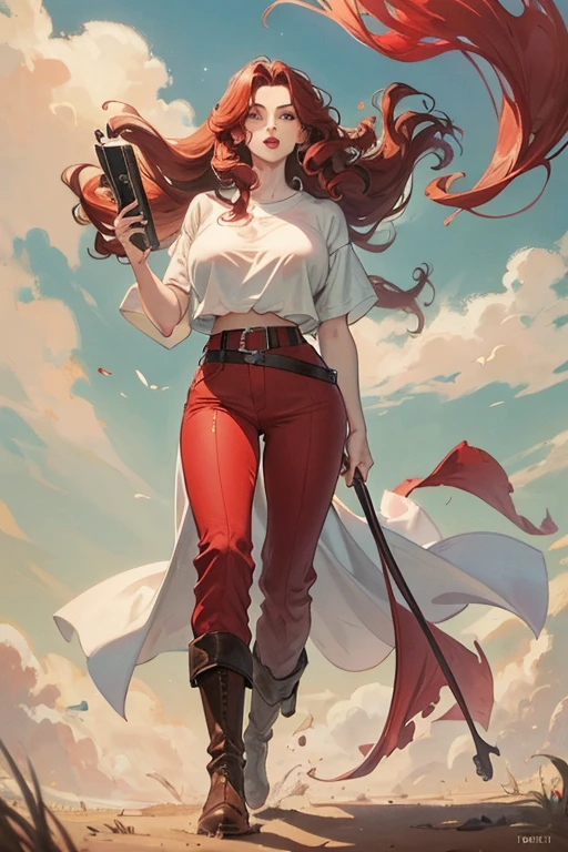 A redhead standing on the ground, wide hips, thin waist, beautiful full red lips, lush wavy hair, long torpedo shaped tits, brown pants, loose white buccaneer shirt, long riding boots
