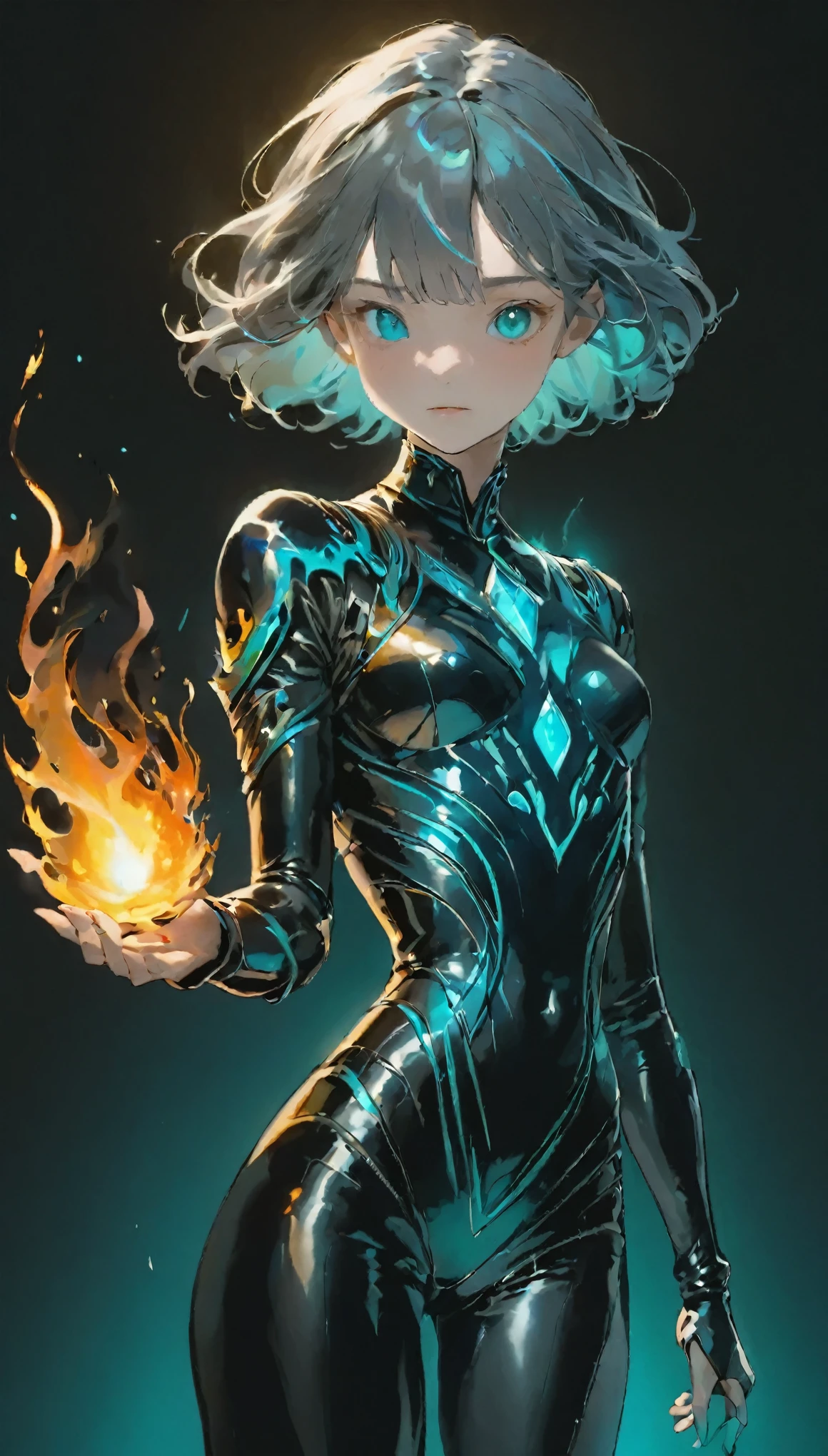 Multicolor, 1 girl, night, dark, Grey Hair,(Detailed drawn eyes), Sharp eyes, anger, Looking at the audience, Shiny black latex bodysuit, Black shiny body armor, Upper Body, , Incredibly Tiny Waist , Blue Flame Wizard, A pale ball of flame floating in the palm of your hand, Limited edition palette, Black background,Shining Turquoise,