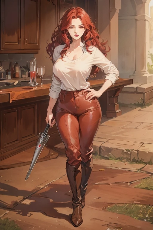 A redhead standing on the ground, wide hips, thin waist, beautiful full red lips, lush wavy hair, long torpedo shaped tits, brown pants, loose white shirt, long riding boots