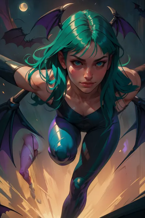 realistic oil paint portrait of morrigan aensland, moonlight, hot body, ((dynamic pose)) , soft smile, long green hair black cos...