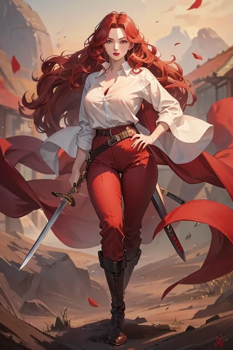 A redhead standing on the ground holding a sword, wide hips, thin waist, beautiful full red lips, lush wavy hair, long torpedo s...