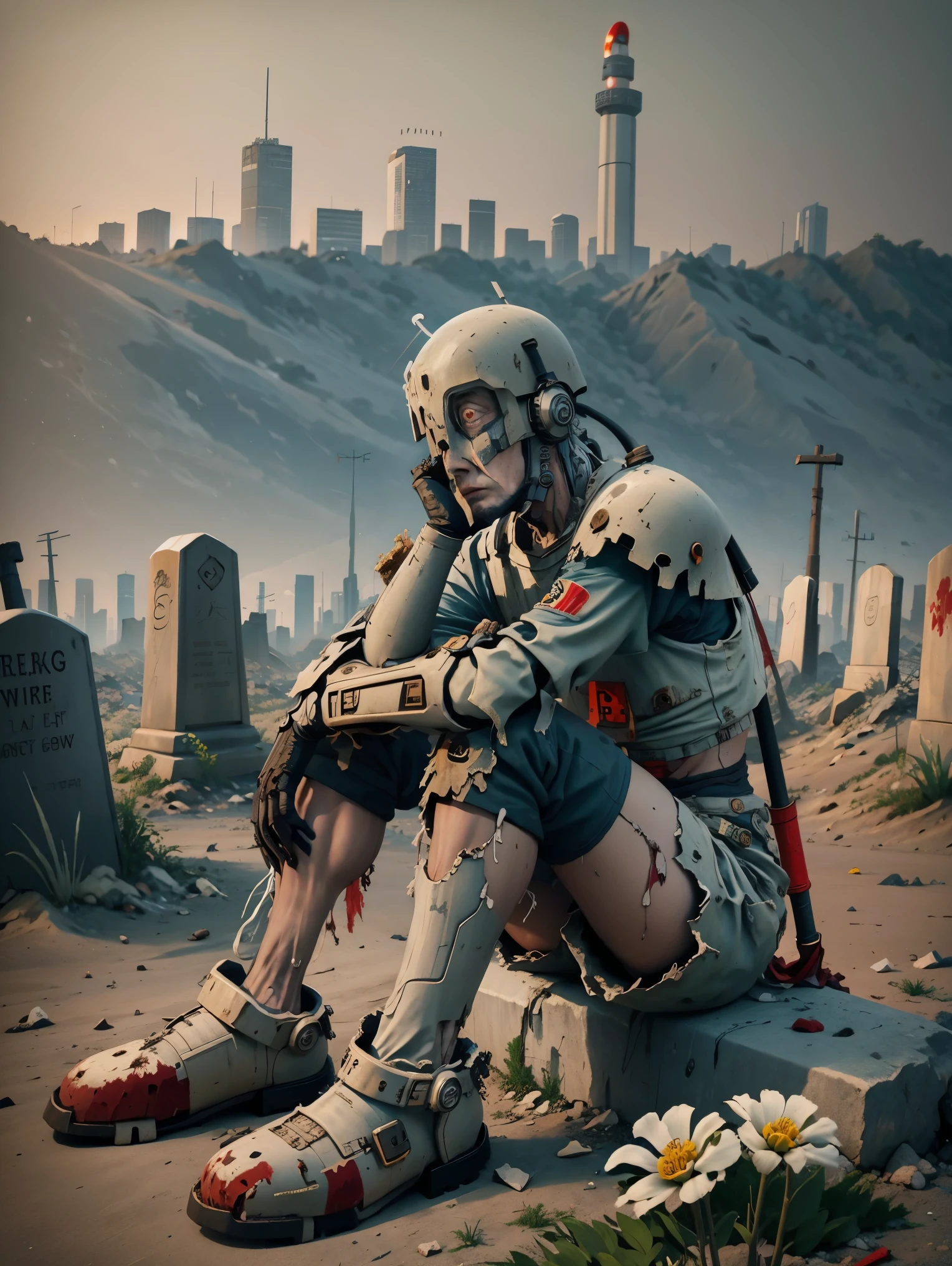 wasteland，A very poor old mech sitting on a rock thinking，Thinker，Hand on cheek，(Sitting:1.2)，rust，Wearing tattered armor，The skyline in the distance，Gothic，moss，(A small white flower)，(Cemetery)，Gothic Church，(Blood red moon)，Gothic Elements，wildfires，cold，gloomy