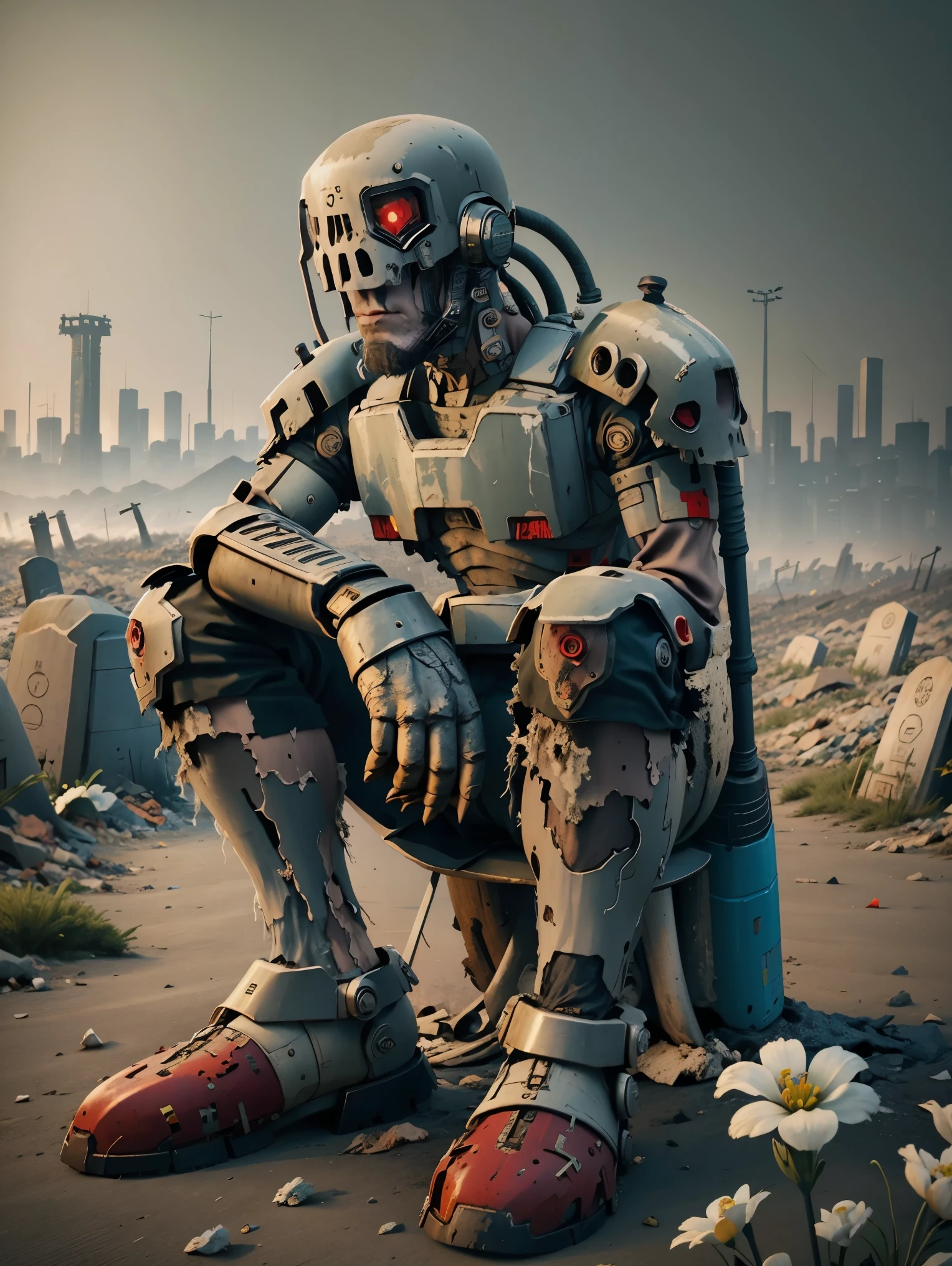 wasteland，A very poor old mech sitting on a rock thinking，Thinker，Hand on cheek，(Sitting:1.2)，rust，Wearing tattered armor，The skyline in the distance，Gothic，moss，(A small white flower)，(Cemetery)，Gothic Church，(Blood red moon)，Gothic Elements，wildfires，cold，gloomy