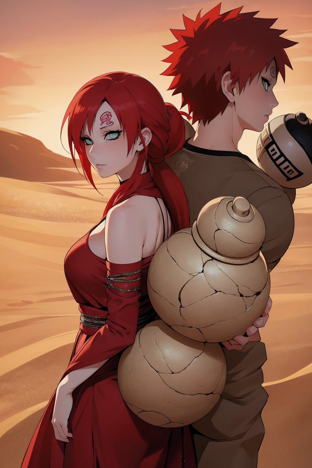 (Absurd, high quality, ultra -compared, careful with the hand) 1 woman, large breats, long red hair, gaara daughter ( Gaara/Naruto), Subaku no Gaara, sand gourd on the back, titting on the ground