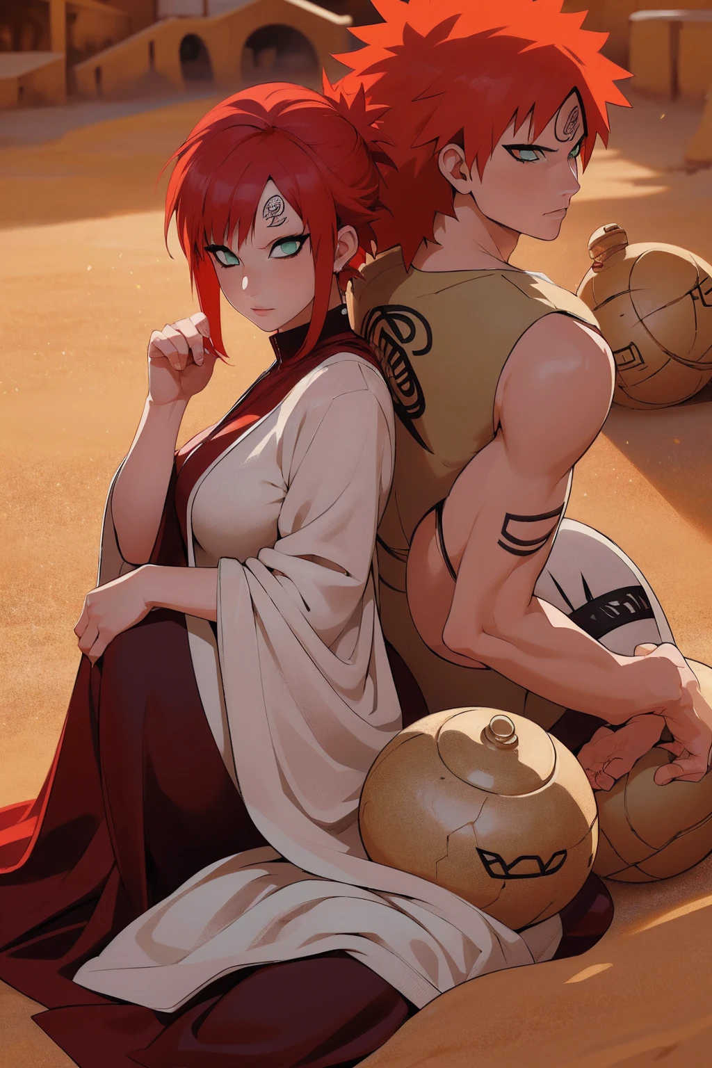 (Absurd, high quality, ultra -compared, careful with the hand) 1 woman, large breats, long red hair, gaara daughter ( Gaara/Naruto), Subaku no Gaara, sand gourd on the back, sitting on the ground