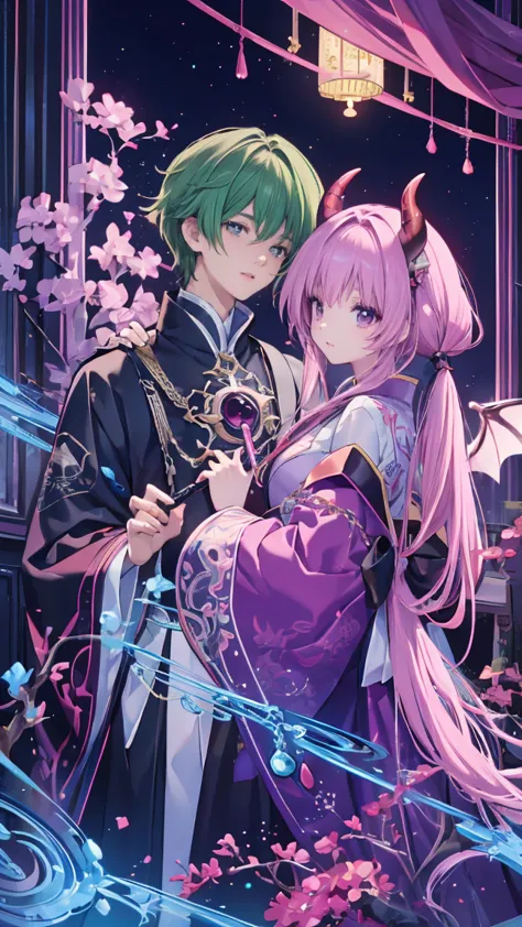 Japanese anime style.
Hong Kong cityscape at night.
A cute magical girl and a cool male demon king are enjoying the Parapara dan...