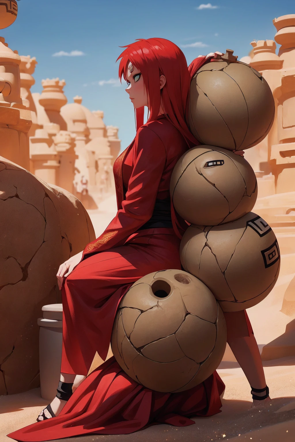 (Absurd, high quality, ultra -compared, careful with the hand) 1 woman, large breats, long red hair, gaara daughter ( Gaara/Naruto), Subaku no Gaara, sand gourd on the back, sitting on the ground