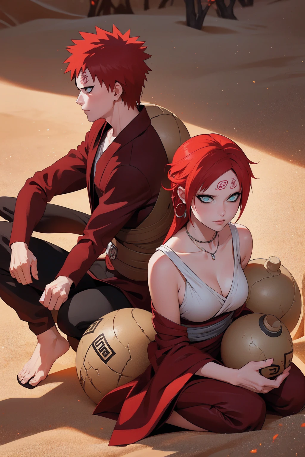 (Absurd, high quality, ultra -compared, careful with the hand) 1 woman, large breats, long red hair, gaara daughter ( Gaara/Naruto), Subaku no Gaara, sand gourd on the back, sitting on the ground