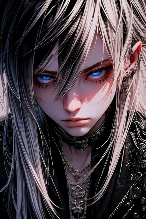 a young cute boy, emo style long white hair, sexy pose, highly detailed modern and luxurious environment, final fantasy style, 8...