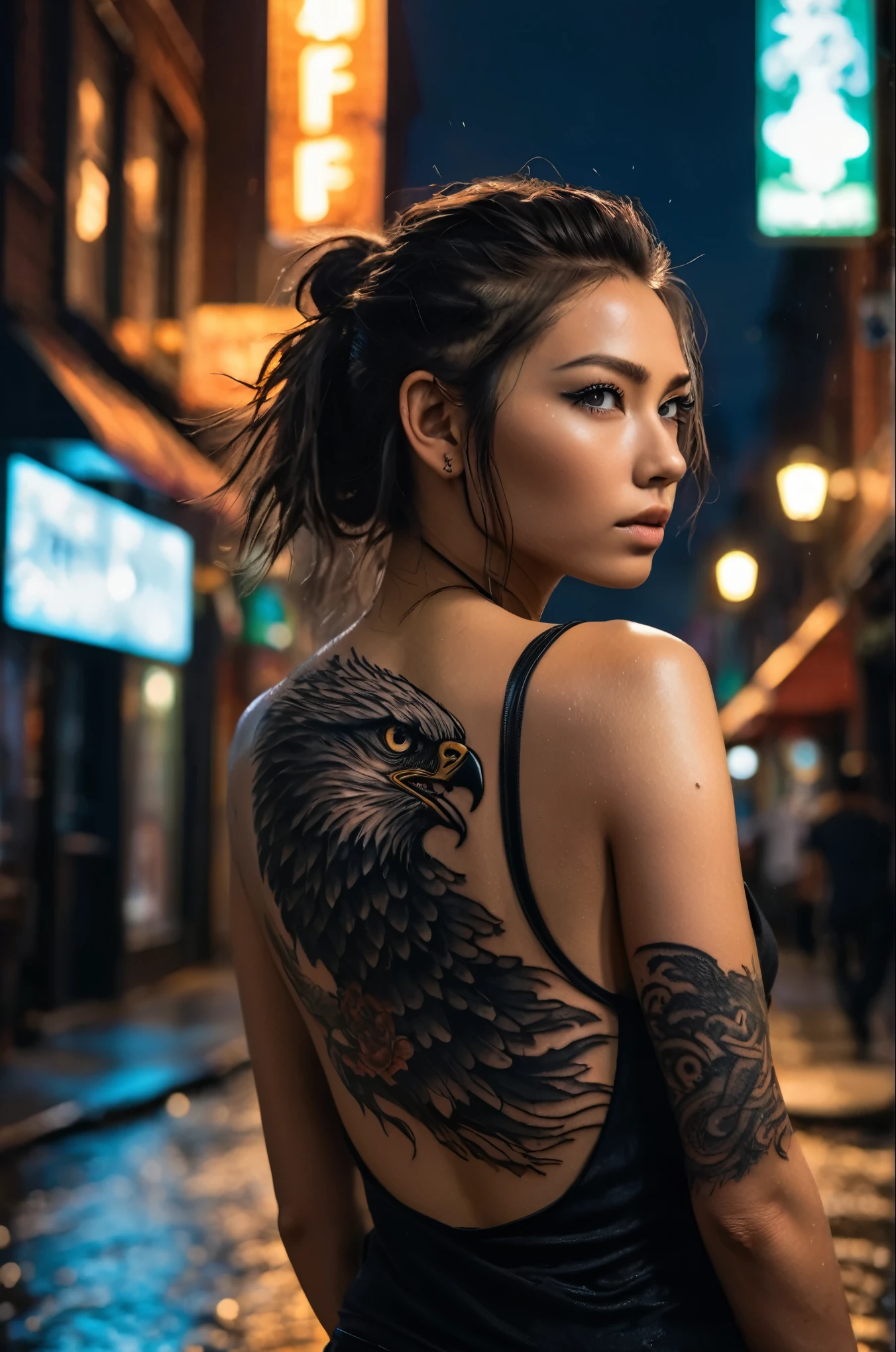 (pose dinámica:0.9),la chica con el tatuaje de águila y serpiente,calle lluviosa de la ciudad por la noche,delineador de ojos negro,camiseta sin mangas negra de músculo,desde atrás,(gran águila y serpiente tatuaje en la espalda),pueblo sueco,piel detallada,ojos detallados,photoRealista,iluminación dramática,foto cruda,4k,enfoque nítido,Alta resolución,8K uhd,alta calidad,grano de la película,Fujifilm XT3, elegant girl, hermosa mujer joven, alta calidad, 8K, Realista, photoRealista, Profesional, colores vívidos, iluminación natural, cinematográfico, fantasía, mágico, Caprichoso