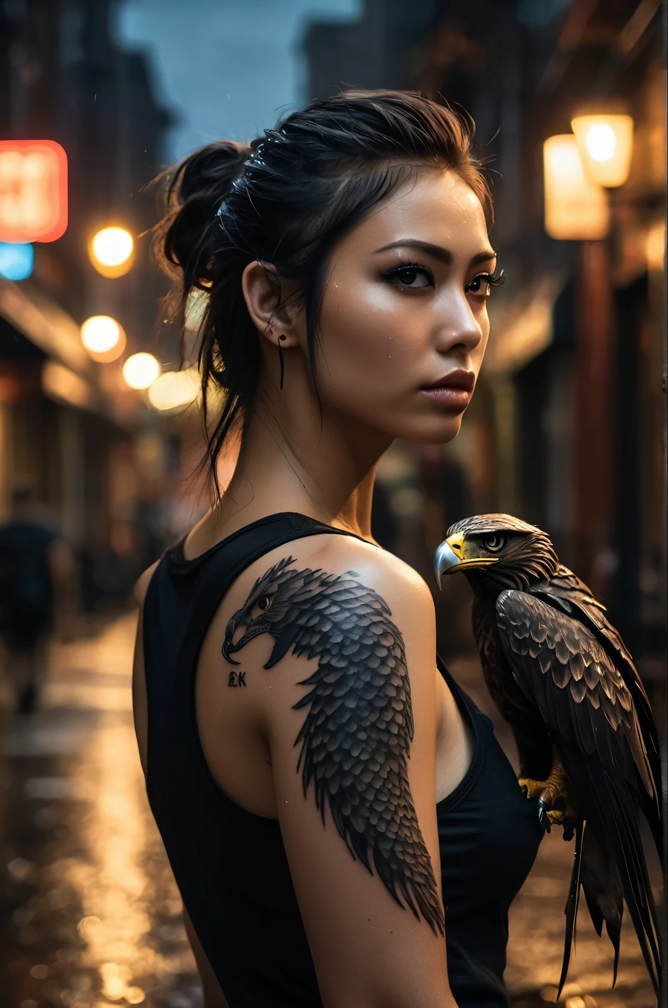 (dynamic pose:0.9),the girl with the eagle and serpent tattoo,rainy city street at night,black eyeliner,black sleeveless muscle shirt,from behind,(big eagle and serpent tattoo on the back),swedish town,detailed skin,detailed eyes,photorealistic,dramatic lighting,RAW photo,4k,sharp focus,high resolution,8k uhd,high quality,film grain,Fujifilm XT3,