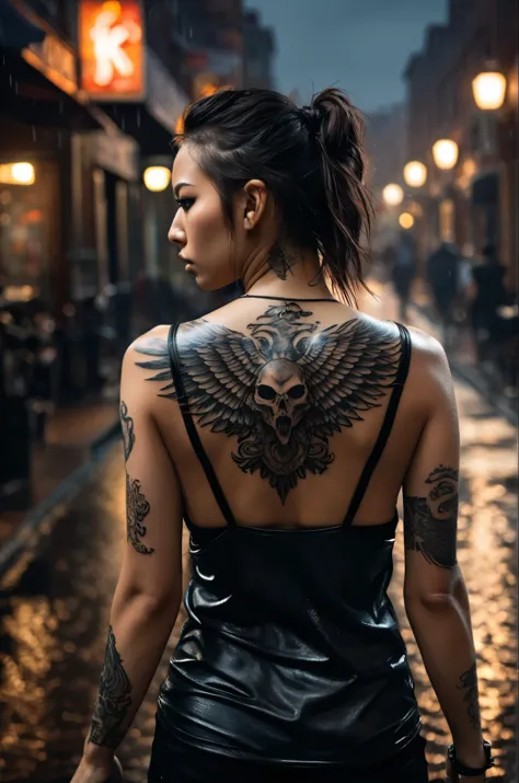 (dynamic pose:0.9),the girl with the eagle and serpent tattoo,rainy city street at night,black eyeliner,black sleeveless muscle ...