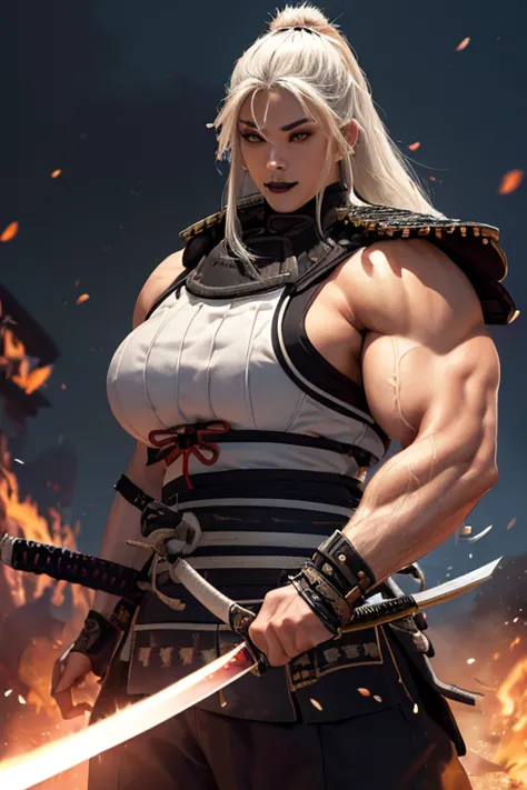 ((((massive, tall, beautiful, buff, muscular light brown skinned female samurai with white hair, black lipstick, ginormous bulky...