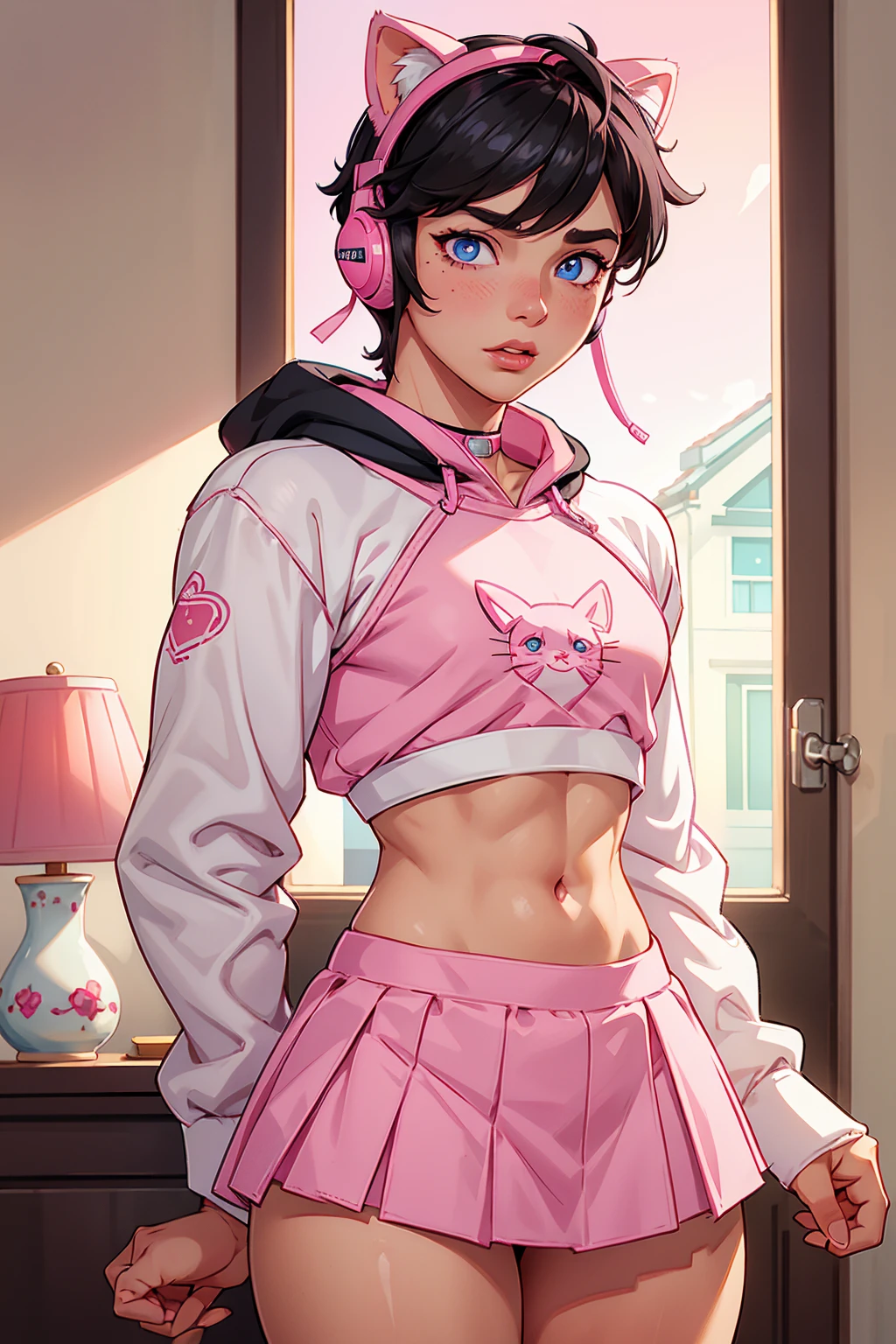 Effeminate boy, femboy, delicate face, pretty face, medium black hair with pink highlights, blue eyes, mole on the left corner of the mouth, pink and full lips, rosy cheeks, thick and feminine thighs, thin waist. He is wearing a pink headset with cat ears, white crop top with cat design, black  miniskirt, pink collar around the neck and is in a gamer teenager's room.