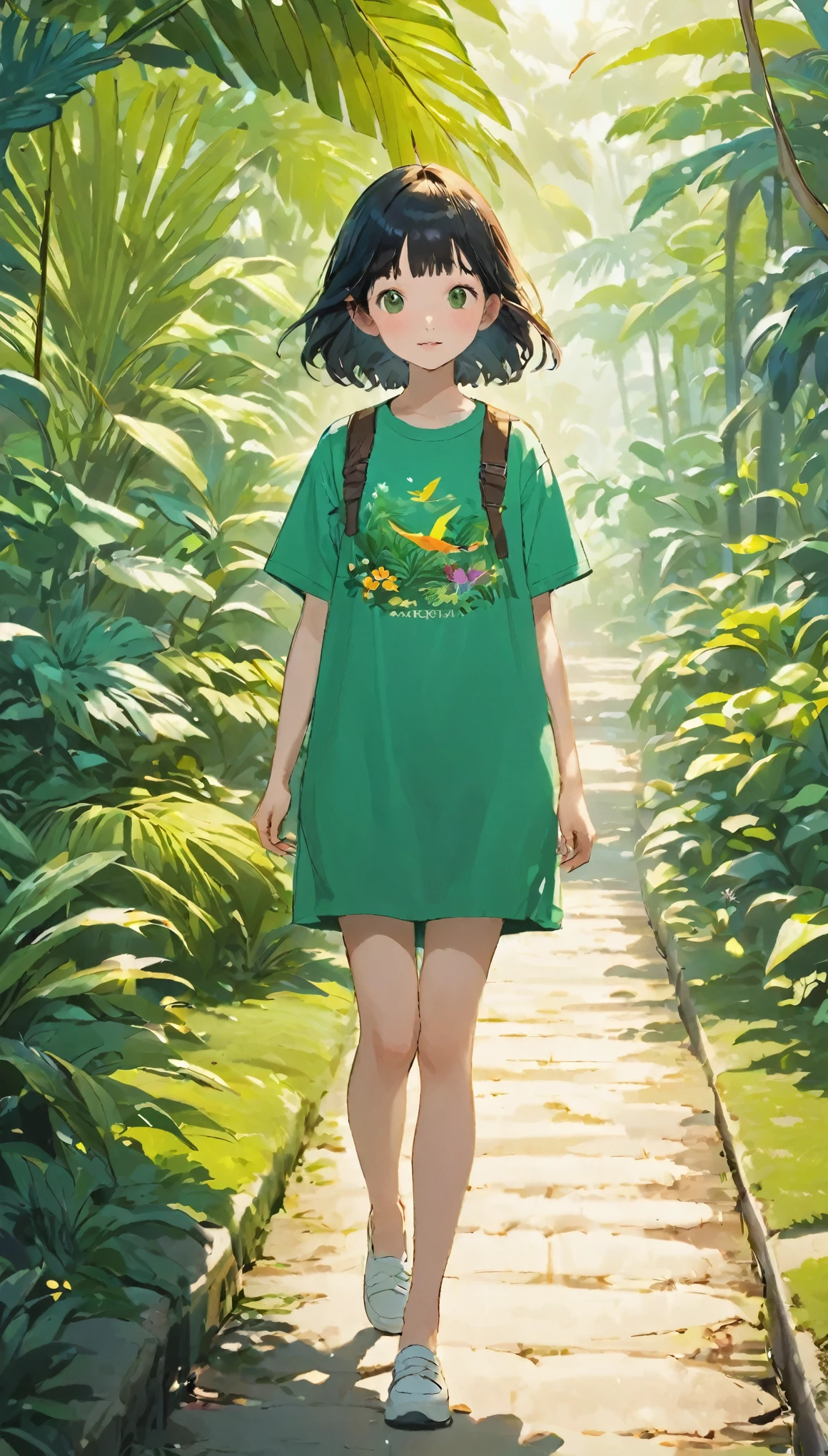 Dark、Cute girl hair、avert your eyes、White BuggyＴshirt、マイリトルポニーのキャラクターshirt、Loose-fitting clothing、Retro、highest quality、Very detailed、High quality details、green、Tropical botanical garden with walking trails、Stroll along the promenade、Rare birds of the tropics、