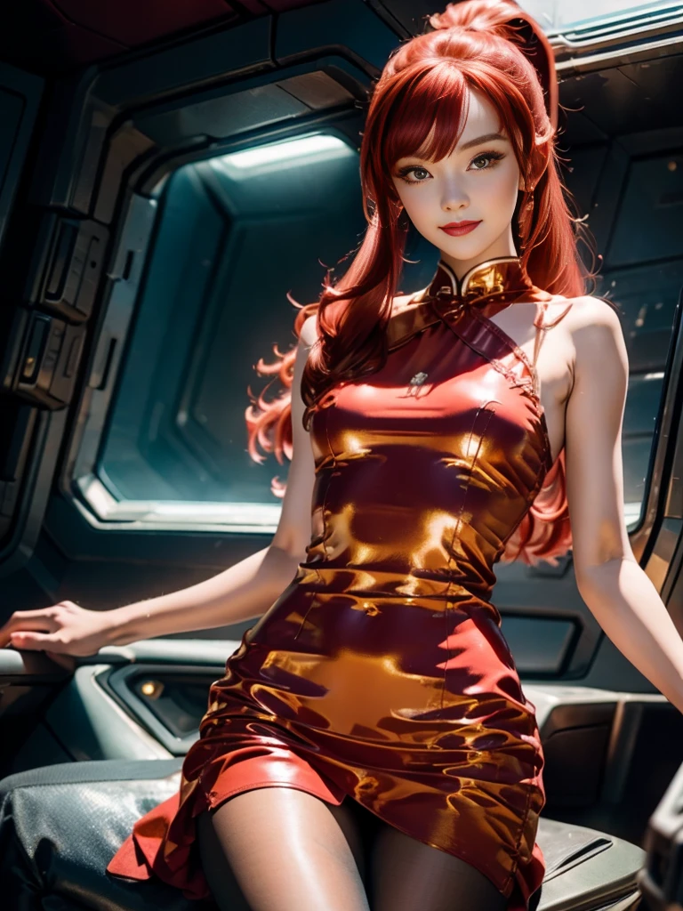 (masterpiece, best quality:1.2), 1 girl, alone, vintage pin-up miss 2, legs crossed in pantyhose, beautiful detailed face, make up, straight red hair, ponytail, small smile, (((Dress stamped))), setting: in the spaceship port. hyperrealism, 4k, Photographed with a Canon EOS R5, 50mm lens, F/2.8, RAW quality