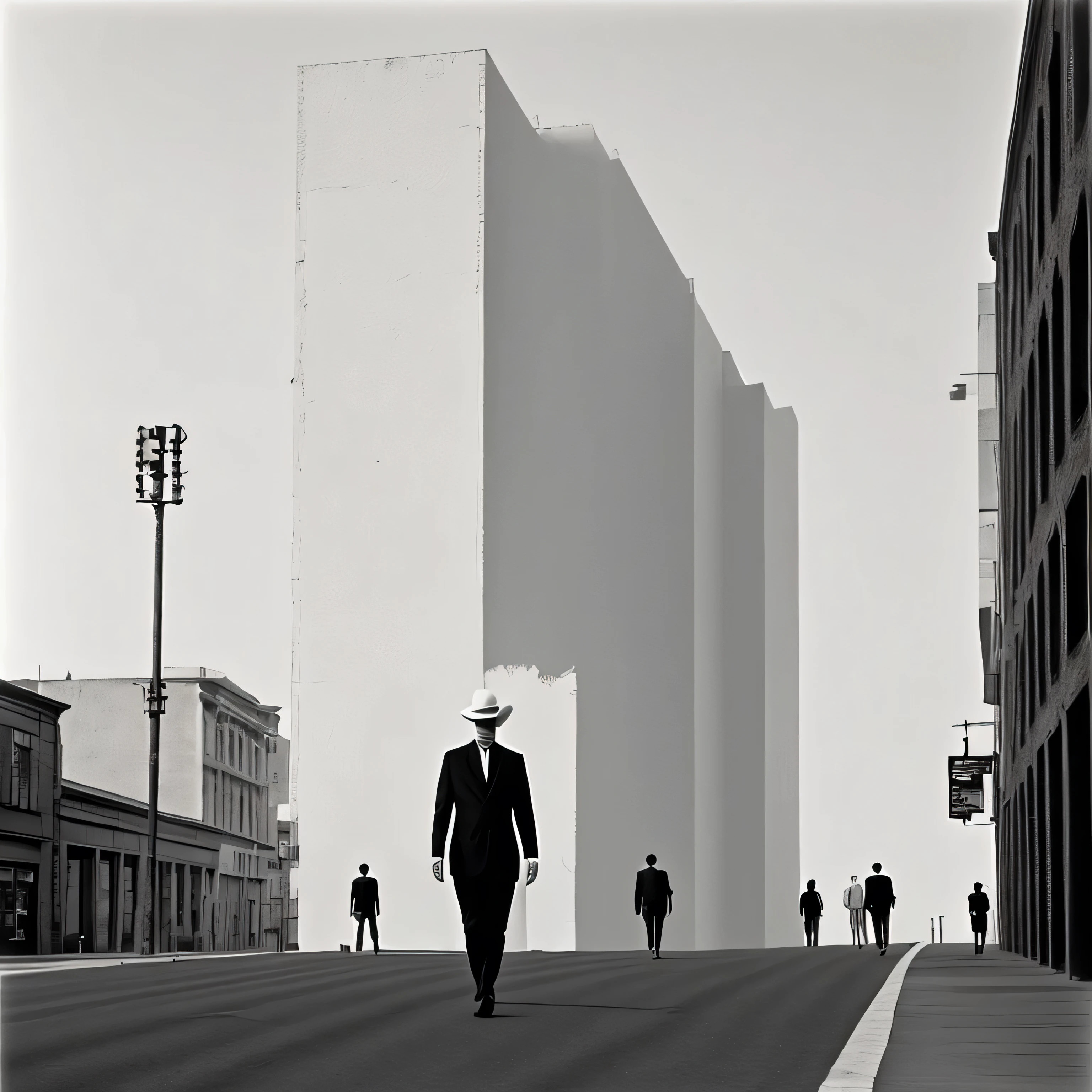 un primer plano de una persona caminando en una ciudad de fondo,ilustracion blanco y negro al estilo de john baldessari