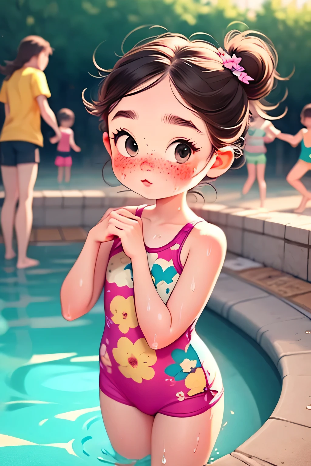 Cartoon girl in a swim suit standing in a pool with other girls - SeaArt AI