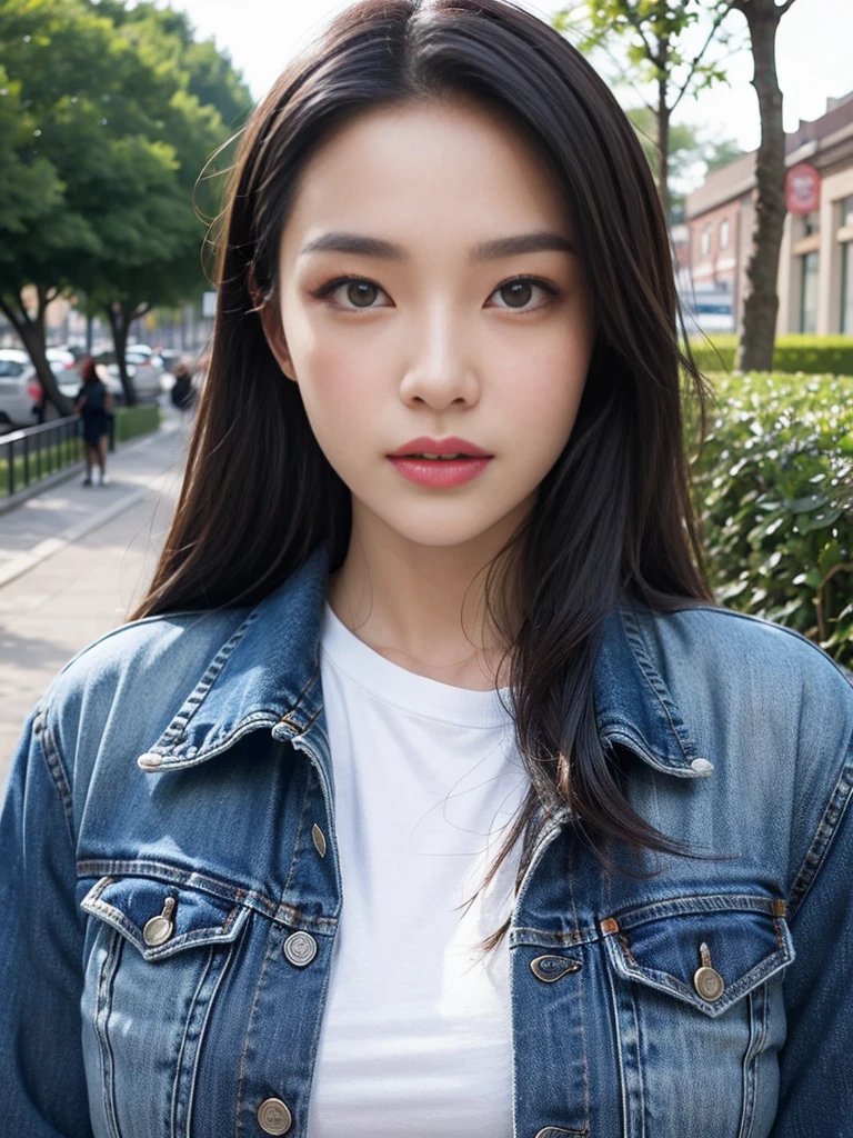 a park、 a picture、realisitic、Beautuful Women、Leather jacket、tshirts、Denim tight skirt、A detailed face、Detailed lips、A detailed eye、luslous skin、One Person