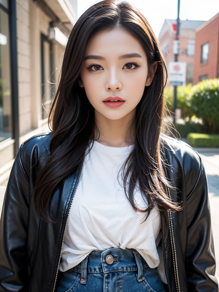 a park、 a picture、realisitic、Beautuful Women、Leather jacket、tshirts、Denim tight skirt、A detailed face、Detailed lips、A detailed eye、luslous skin、One Person