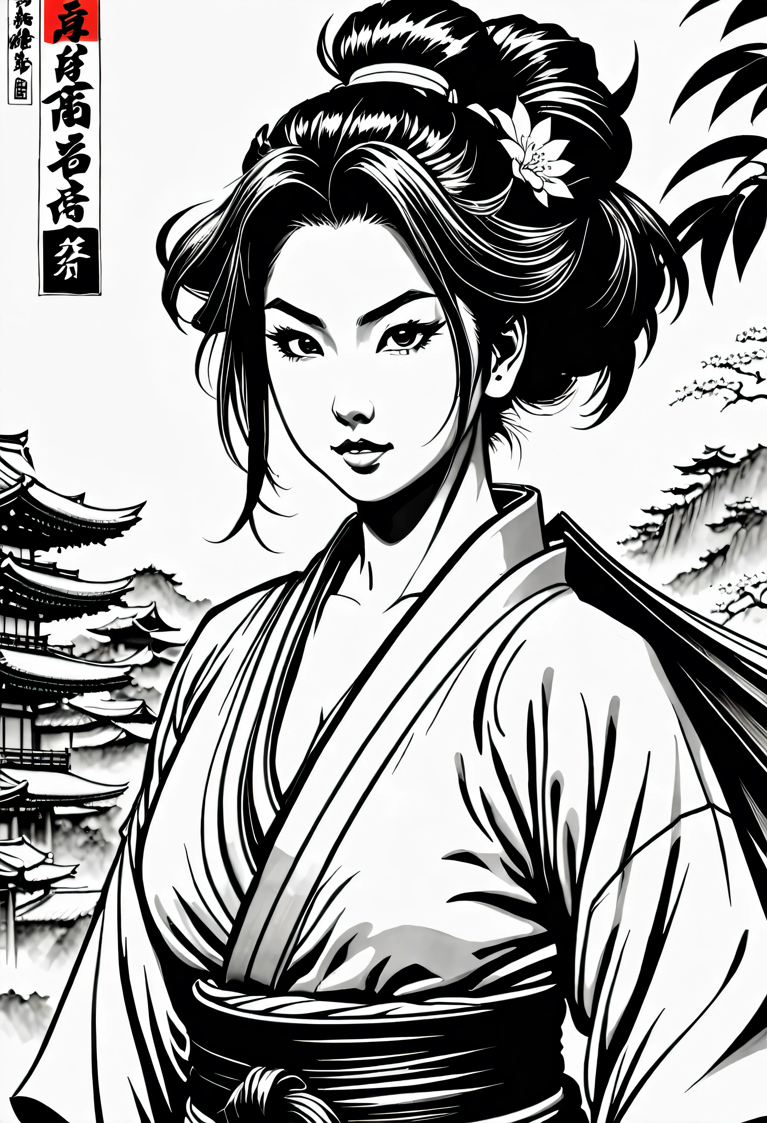 Pau preto e branco, sua arte em tinta fina, comic style, portrait of japan, Glamour de Osaka, bela arte de linha, black and white comic style, manga style, manga art style, pencil and ink caricature drawing, black and white coloring, cabelo branco, other positions, cabelo branco, cabelo loiro, preto e branco, sem tons de cinza, corpo inteiro. Japan Background, Samurai, homem