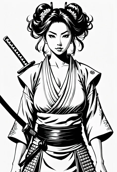 Pau preto e branco, sua arte em tinta fina, comic style, portrait of japan, Glamour de Osaka, bela arte de linha, black and whit...