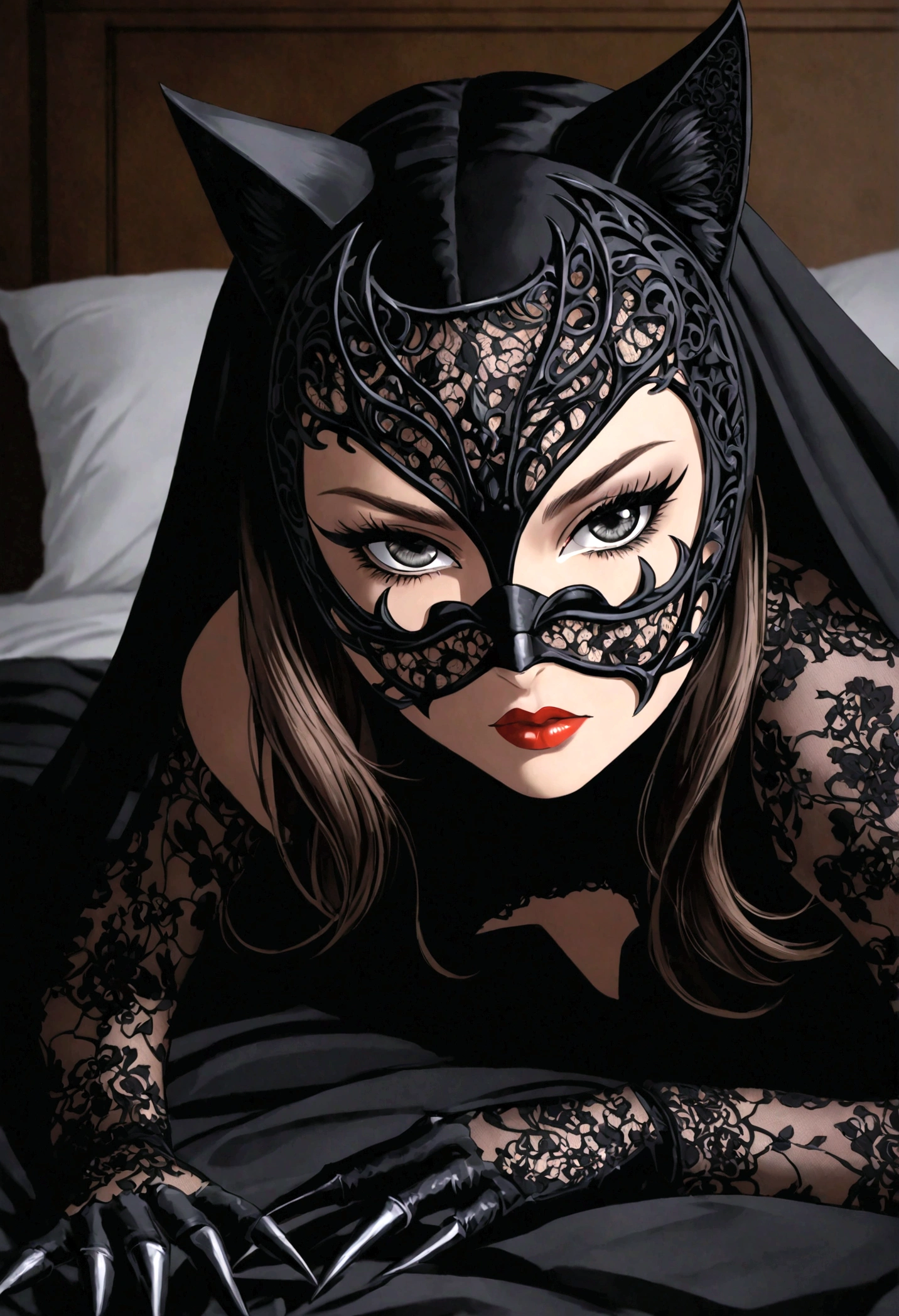 Tori Black lace catwoman heavy black eye shadow long black eyeliner -  SeaArt AI