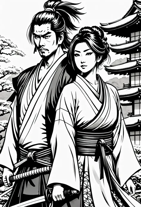 Pau preto e branco, sua arte em tinta fina, comic style, portrait of japan,  Samurai and gueixa, japanese couple, Glamour de Osa...