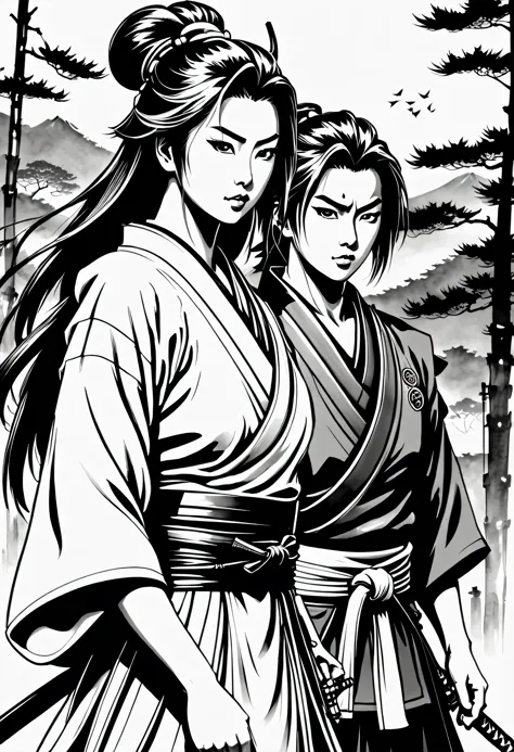 Pau preto e branco, sua arte em tinta fina, comic style, portrait of japan,  Samurai and gueixa, japanese couple, Glamour de Osa...