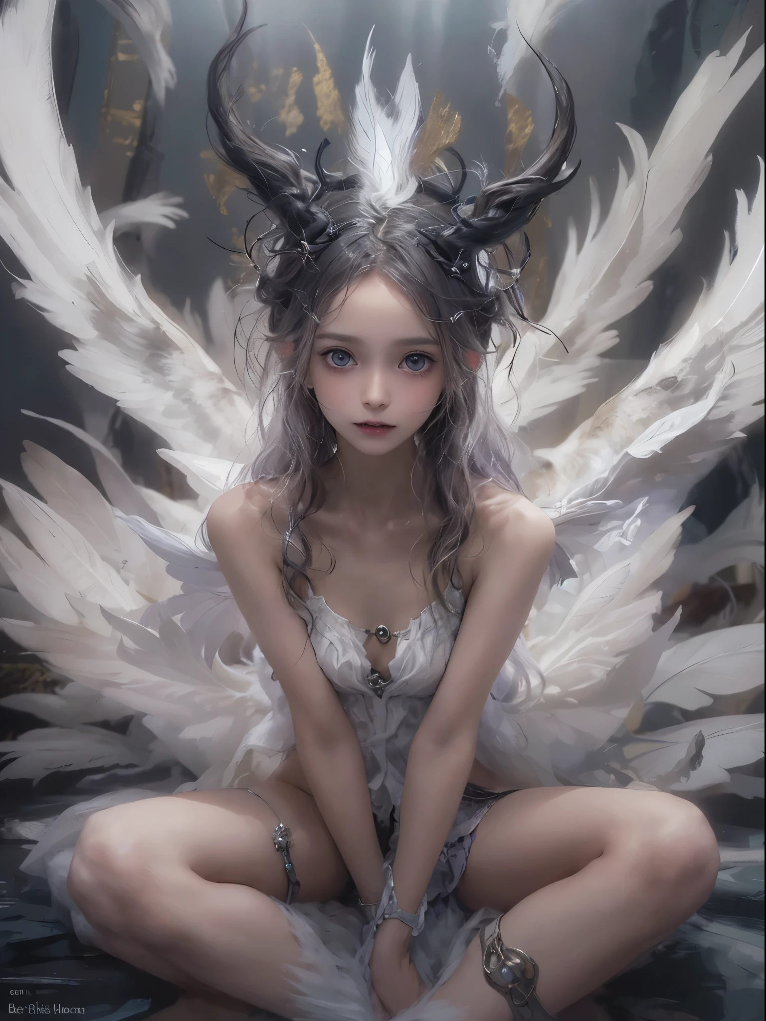 (white color concept:1.0),a girl like doll with angel wings, 12yo, (((twins))),archdevil, nearly naked, thin body, skinny, small breasts, flat chest, (dynamic pose:1.2), thin body, tiny , (((sitting))), devil crown, dragon horn, looking down at camera(Highest quality authentic textured skin),(Fine, Round, Symmetrical eyes),Delicate facial features,(Burning bright and cold eyes), very slim and thin body, naked, nude, (She has a mischievous sadness on her face),metal earrings on the ears,A messy painting，(Hair flows in air:1.5),,(Surrounded by black feathers),Epic realism,Cinematic feeling,(high-density imaging review:1.5),Ultra detailed,Dramaticlight,(intricately details:1.1), complex background, fractal background,(fangs:1.2),smile