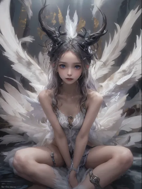 (white color concept:1.0),a girl like doll with angel wings, 12yo, (((twins))),archdevil, nearly naked, thin body, skinny, small...