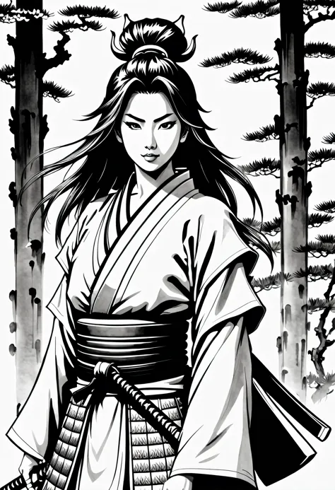 Pau preto e branco, sua arte em tinta fina, comic style, portrait of japan, Samurai and gueixa, japanese couple, Glamour de Osak...