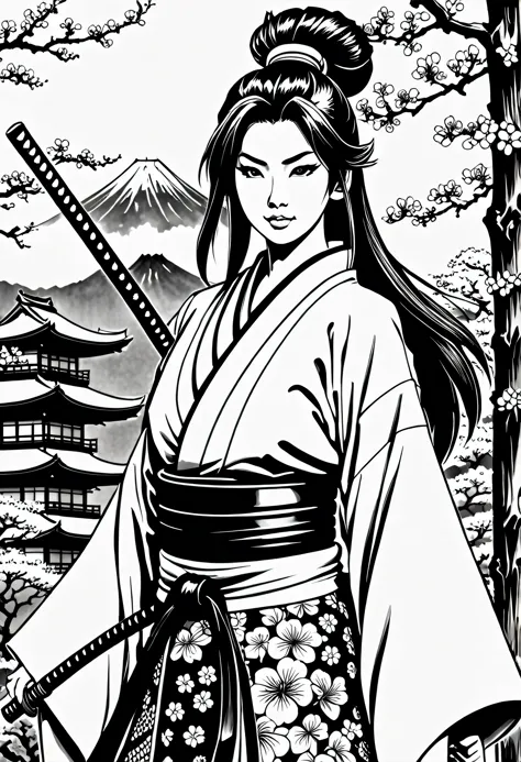 Pau preto colorido, sua arte em tinta fina, comic style, portrait of japan, Samurai and gueixa, japanese couple, Glamour de Osak...