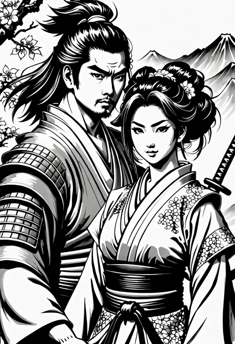 Pau preto colorido, sua arte em tinta fina, comic style, portrait of japan, Samurai and gueixa, japanese couple, Glamour de Osak...