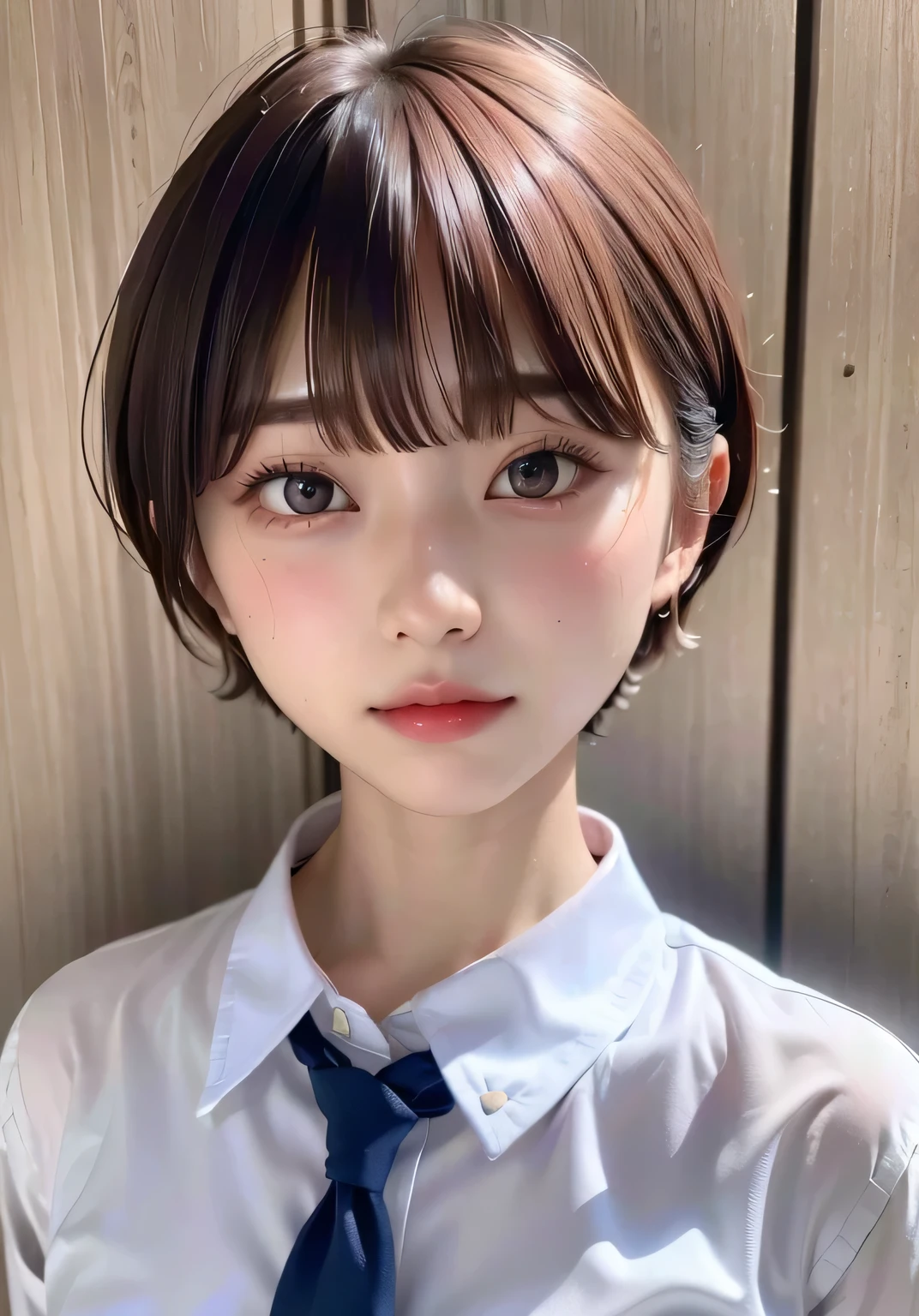 (highest quality:1.3)、(Masterpiece:1.4)、Raw photo、8K、((Best image quality))、 ((High resolution))、Beautiful face in every detail、Realistic human skin、Gentle expression、(One Woman:1.3)、Realistic、Photorealistic、((short hair))、(Beautiful woman)、(Cute Japanese Girl)、(boyish:1.3)、(mannish)、((Beautiful woman))、(Beautiful Hair)、((Dark brown hair))、(Blushing:1.5)、(Fashion Model:1.3)、((Her eyes are big))、25 year old beauty、(Small face)、Small Head、((Long neck))、High school girls、uniform、Japanese high 、High school girlsのuniform、White button-up shirt、tie