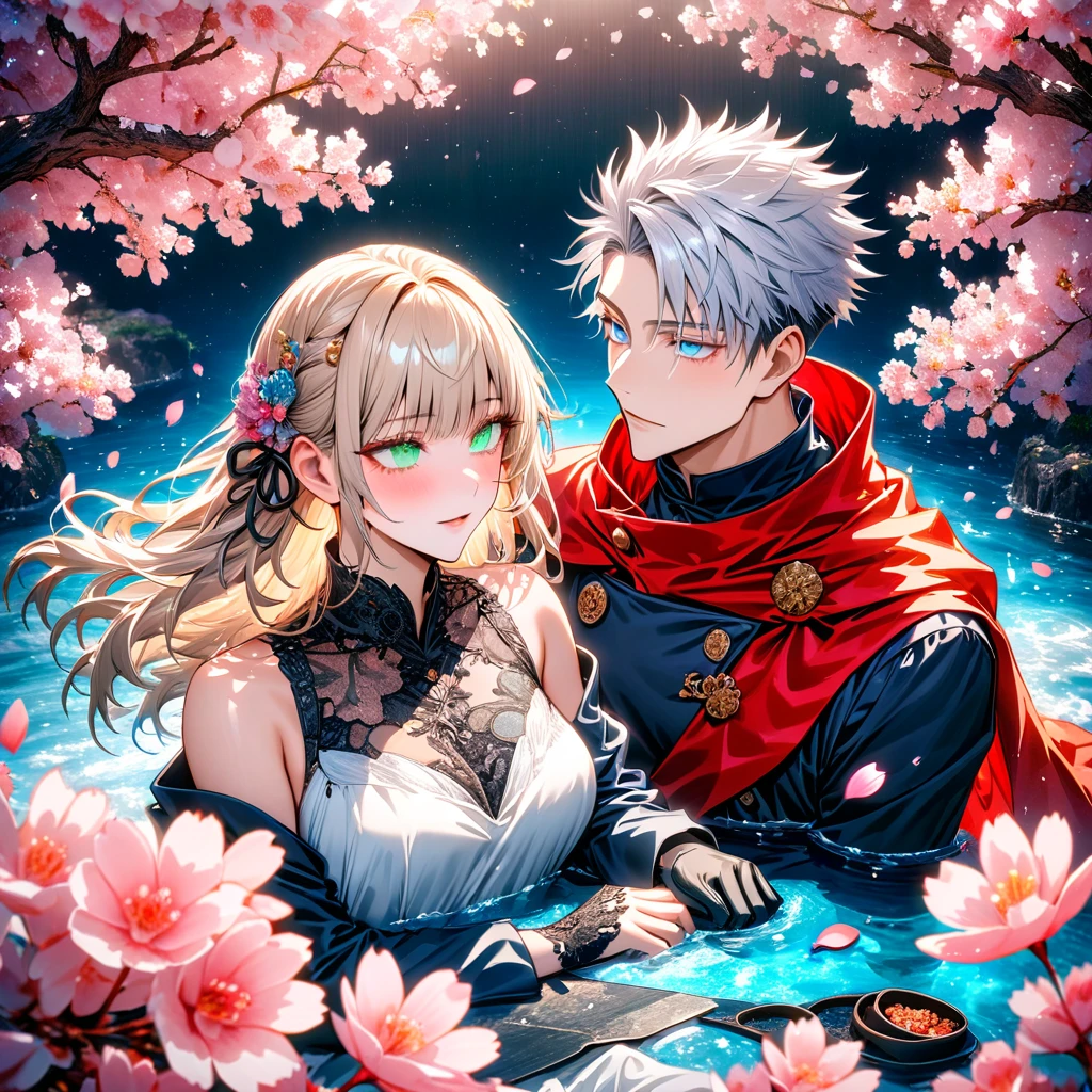 Ultra detailed, highres, absurdres, HDR, master piece, Gojo Satoru, white hair with bangs, hair between the eyes, white eyelashes, expressive blue eyes, Aida, ash blond hair with bangs, green eyes, white fantasy dress with black patterns, red cape, Jujutsu Kaisen, fantasy, petals, cherry blossoms, water, black ribbon on her hair, black gloves, a handsome man together with a beautiful woman, sexy, couple, love, magic,