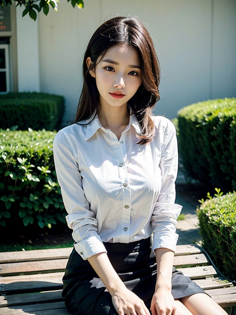 Realistic photos of (1 cute Korean star) medium hair, slightly smile, 32 inch breasts size,wearing white shirt, black skirt, sitting on a bench in front of village, close-up, UHD