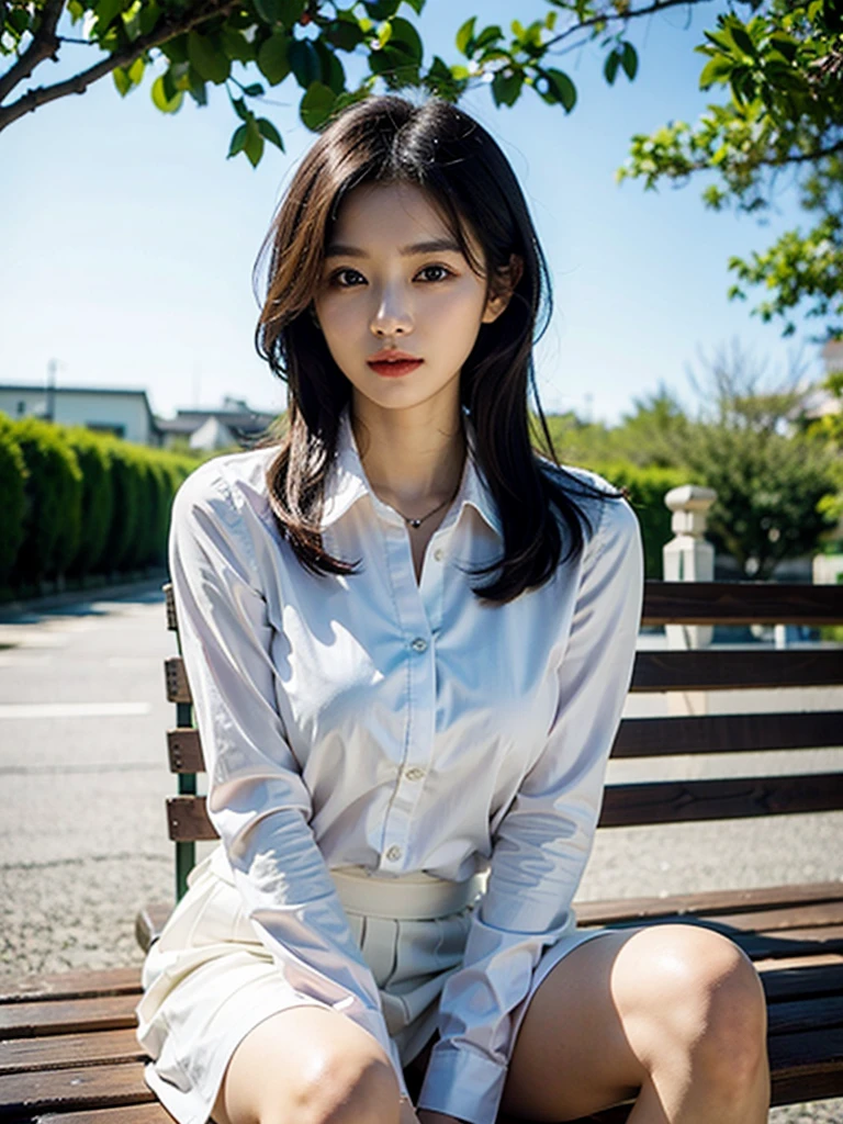 Realistic photos of (1 cute Korean star) medium hair, slightly smile, 32 inch breasts size,wearing white shirt, black skirt, sitting on a bench in front of village, close-up, UHD