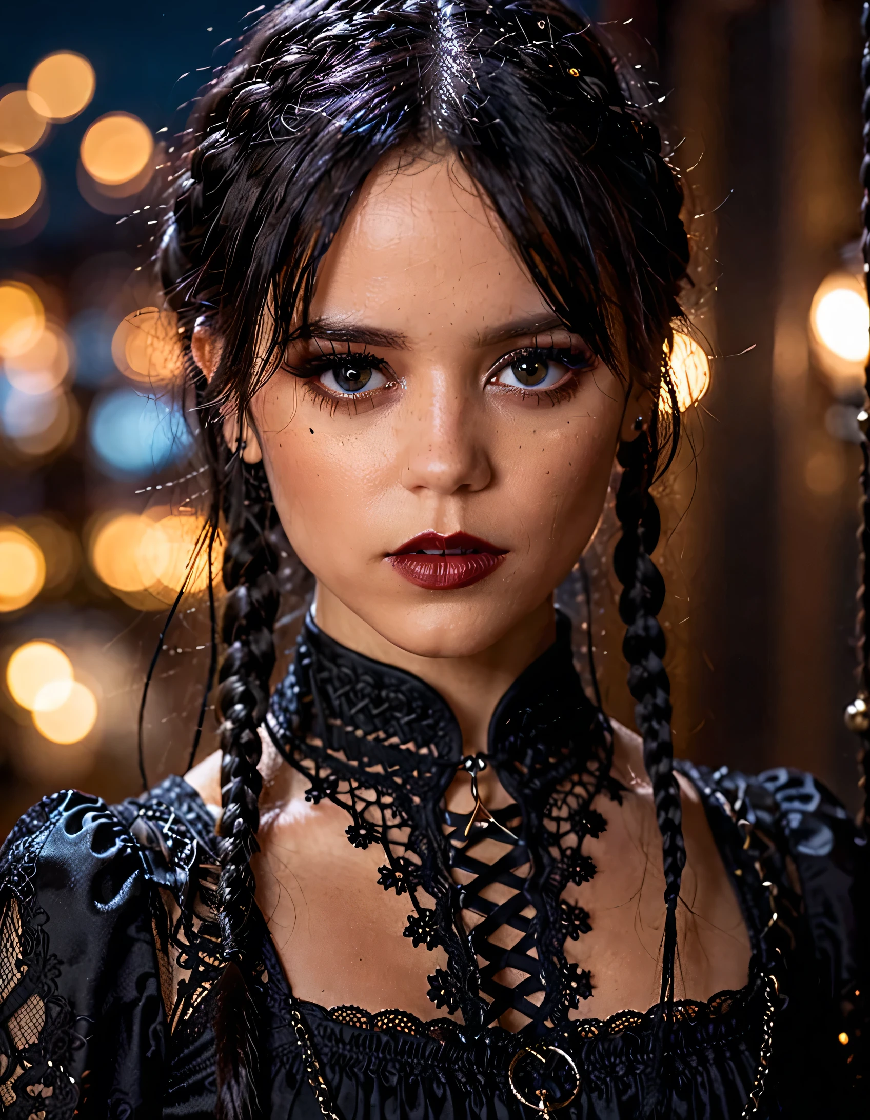 cinematic photo professional close-up portrait photography of the face of a beautiful ((ohwx woman)), braided black hair, gothic makeup ang clothes,  at lawyer during Midnight, Nikon Z9   . 35mm photograph, film, bokeh, professional, 4k, highly detailed