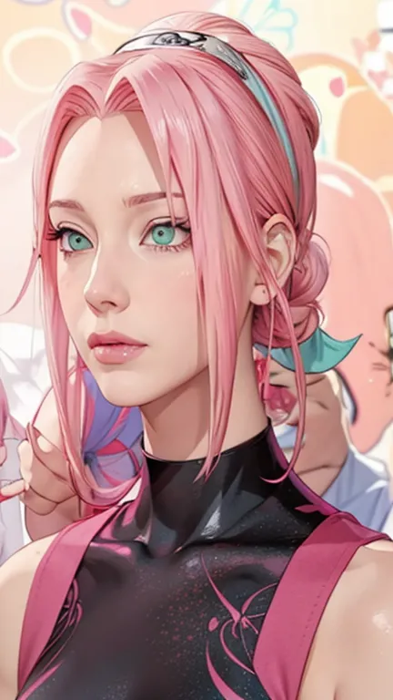 young woman, bubblegum pink hair tied in a bun, wide forehead, porcelain skin, pink eyebrows, emerald green eyes, upturned nose,...